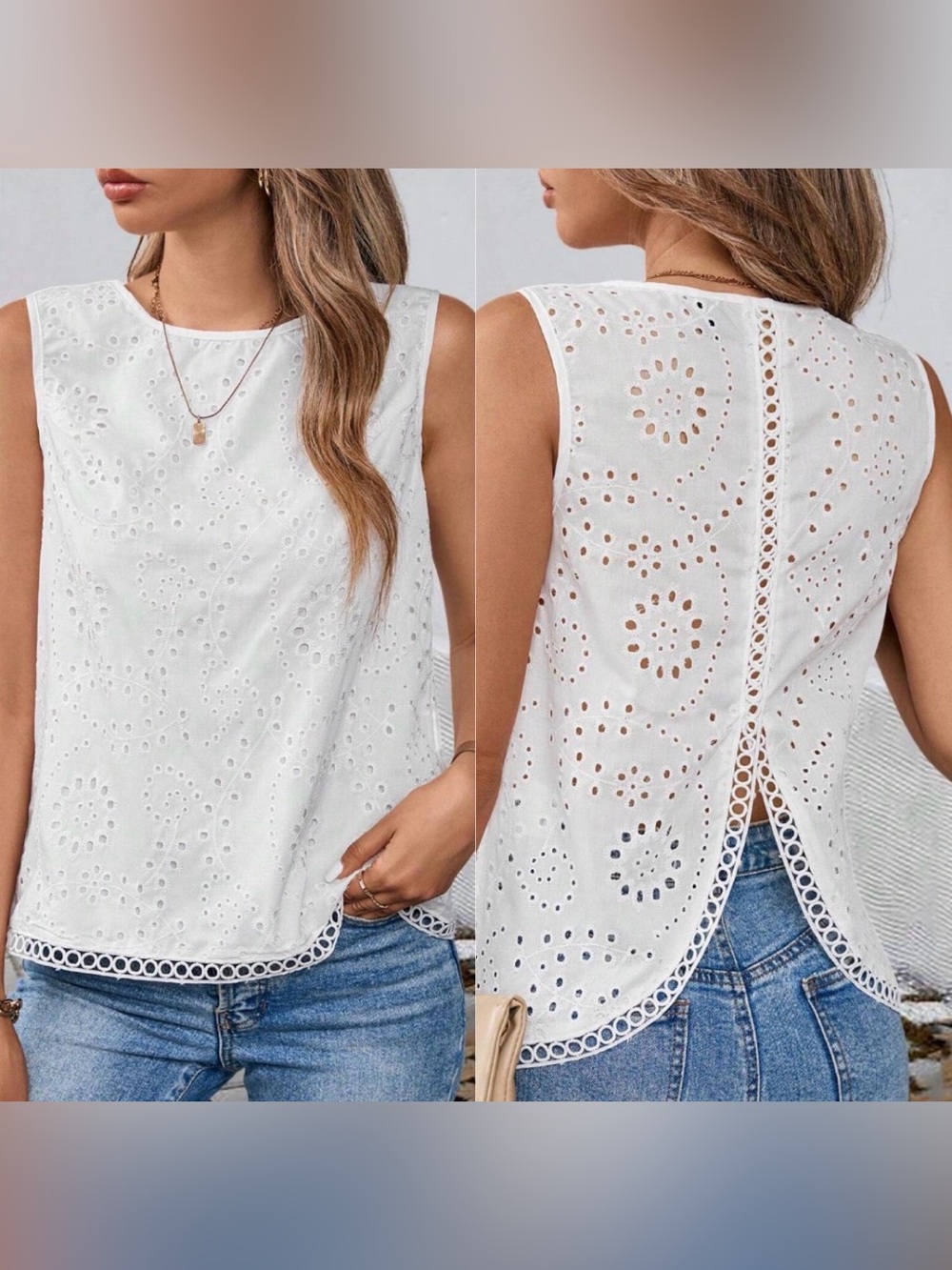White Sleeveless Embroidered Open-Back Blouse in Women's Size L